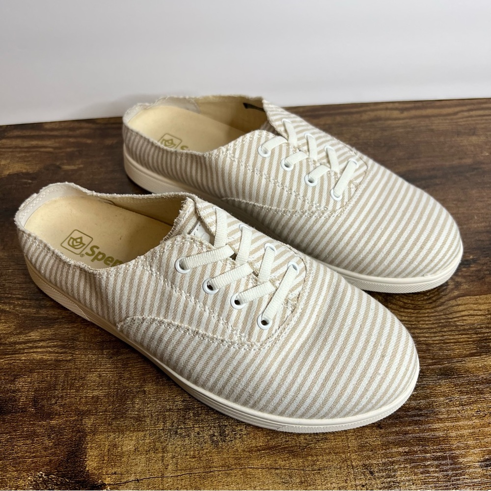canvas mules slip on shoes tan white stripes Spenco Santa Rosa women's 9 - Picture 2 of 14